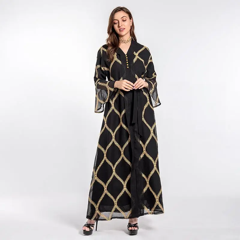 

Fashion false placket long sleeve gauze with embroidery casual abaya dress for women STAB113