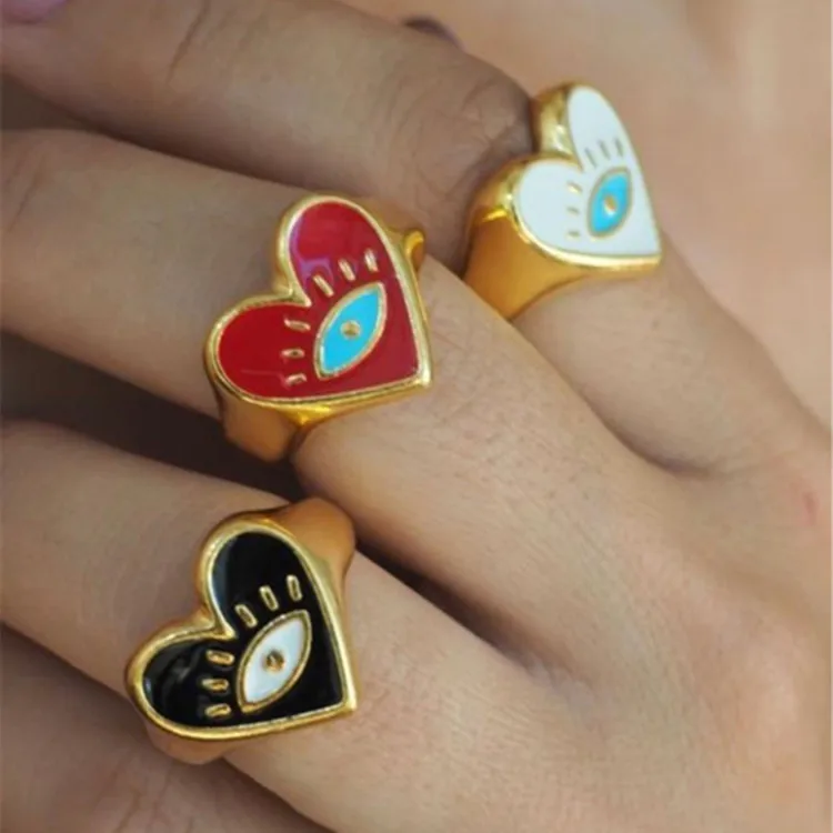 

Dainty Heart Shaped Red Black White Enamel Stainless Steel 18K Gold Plated Evil Eyes Ring