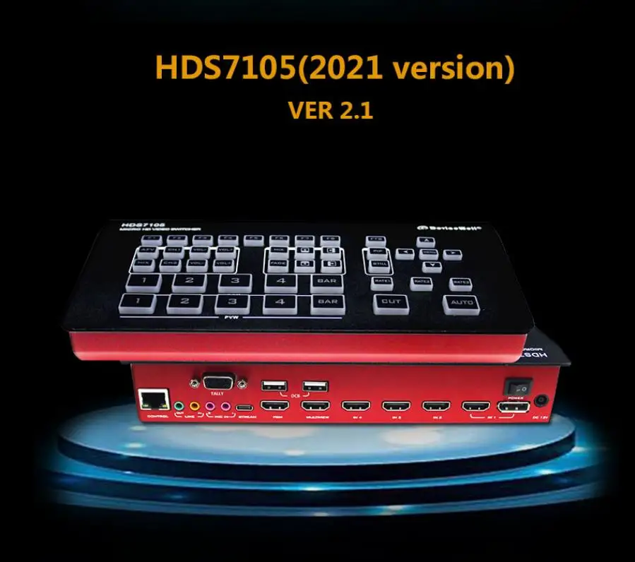 

DeviceWell HDS7105 V2021 Super Mini Switcher 4 HD-MI + 1 DP inputs 5 channel 1080P OBS Stream HD SDI Video Switcher