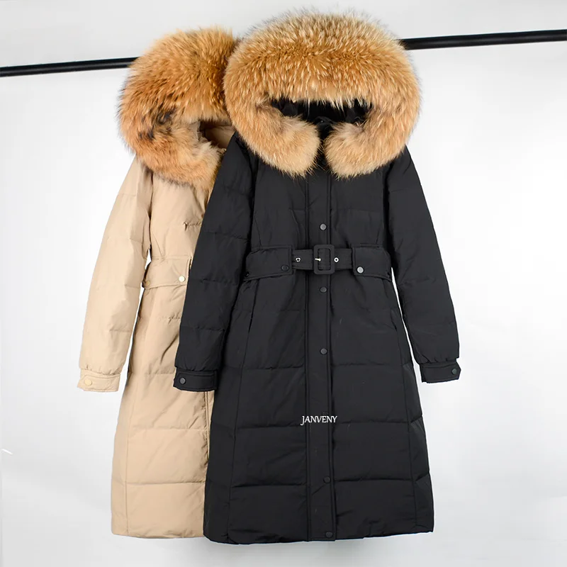 

JANVENY 2021 Winter Huge Natural Raccoon Fox Fur Duck Down Coat Women Hooded Thick Knee Waist Slim Fit Puffer Jacket With Belt