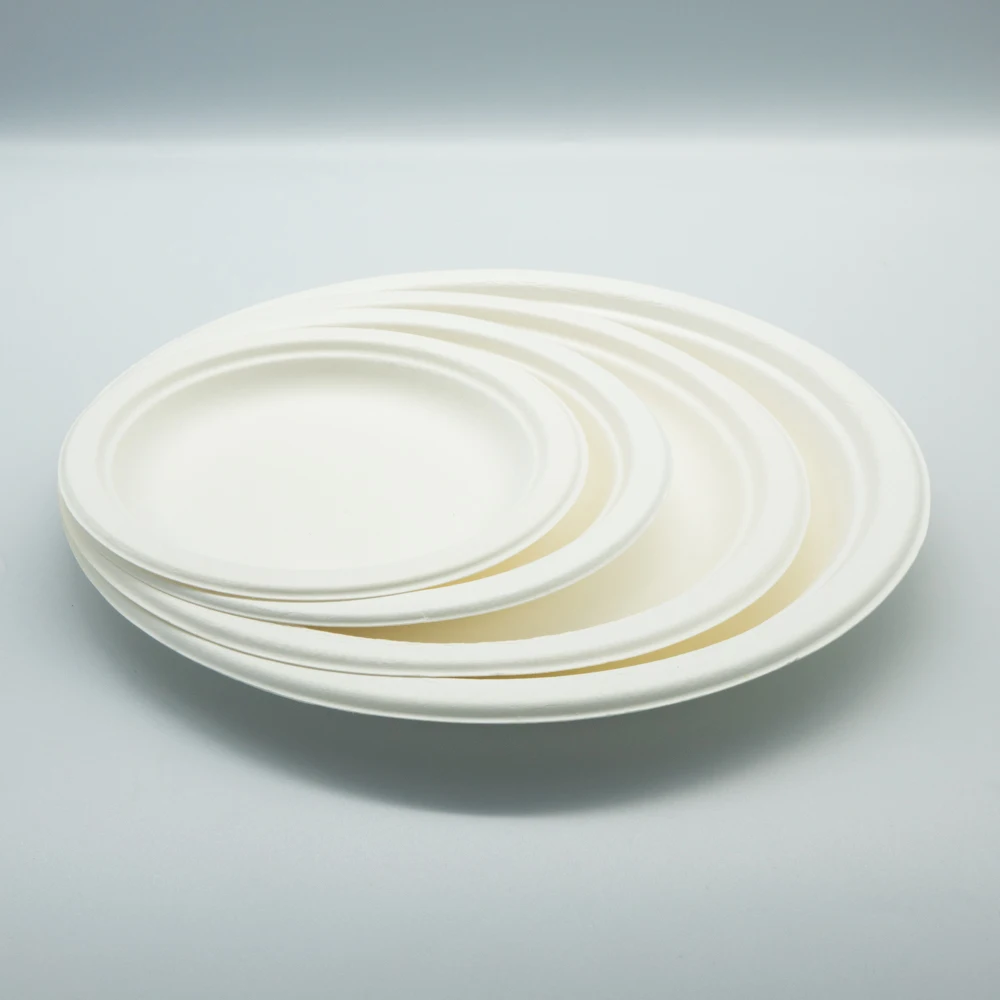 

Factory custom LOGO low MOQ sugarcane plate disposable round&square  bagasse tableware food tray dish plates, White or natural