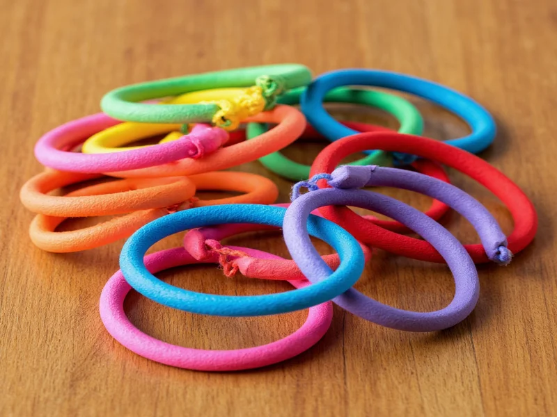 Colorful paper coil bracelets on wooden surface
