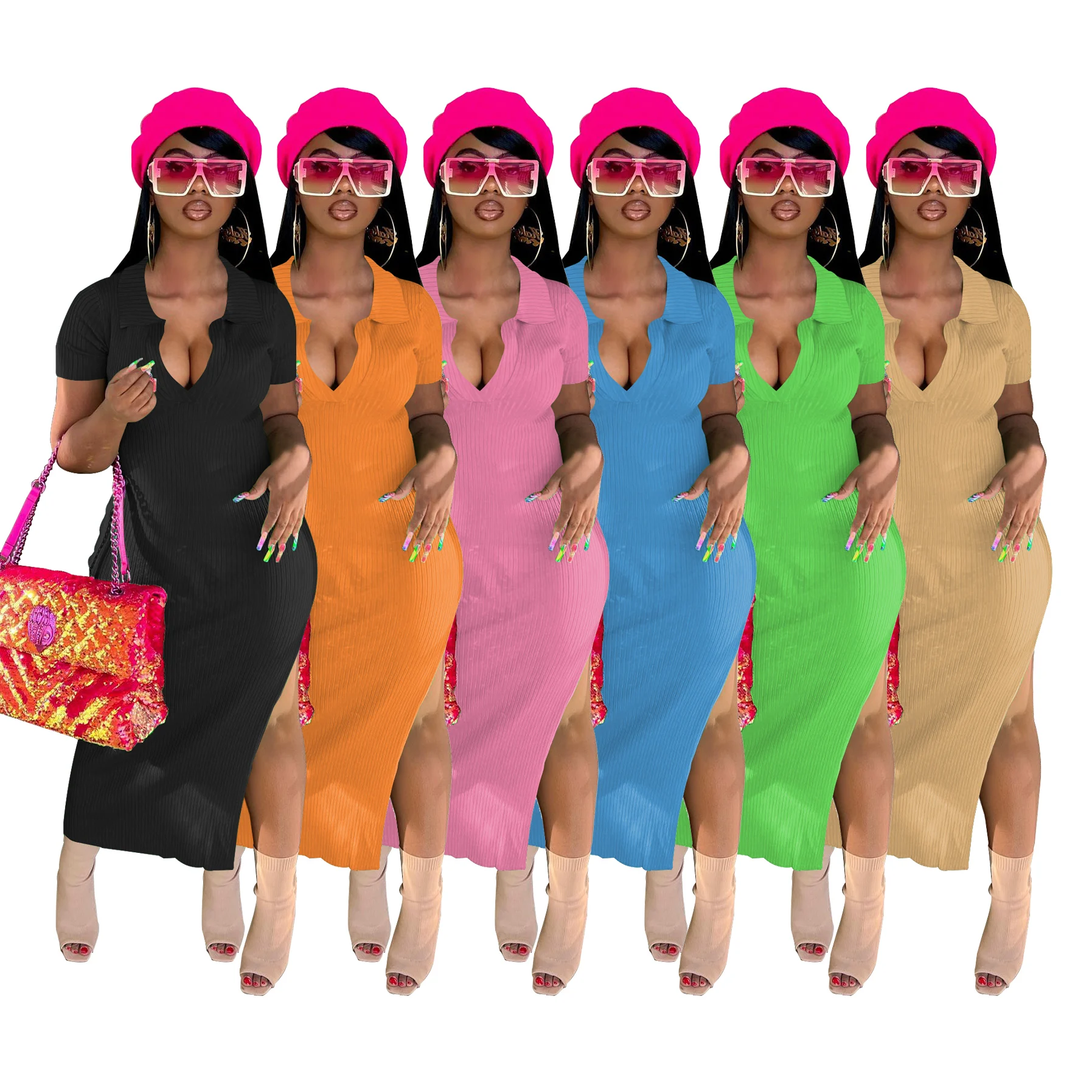 

2022 hot selling short sleeve shirt collar slit women work dress