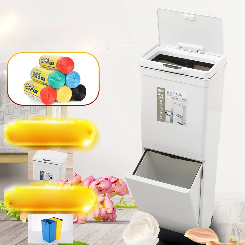 

BBA305 Creative Bedroom Large Double Layer Trash Can with Lid Household Kitchen Living Room Wet Dry Sorting Trash Can, As picture