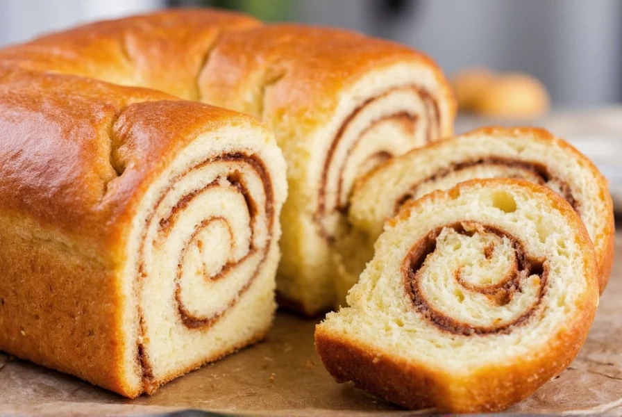 Perfectly baked cinnamon swirl quick bread with golden crust and visible spiral pattern cut open to show interior