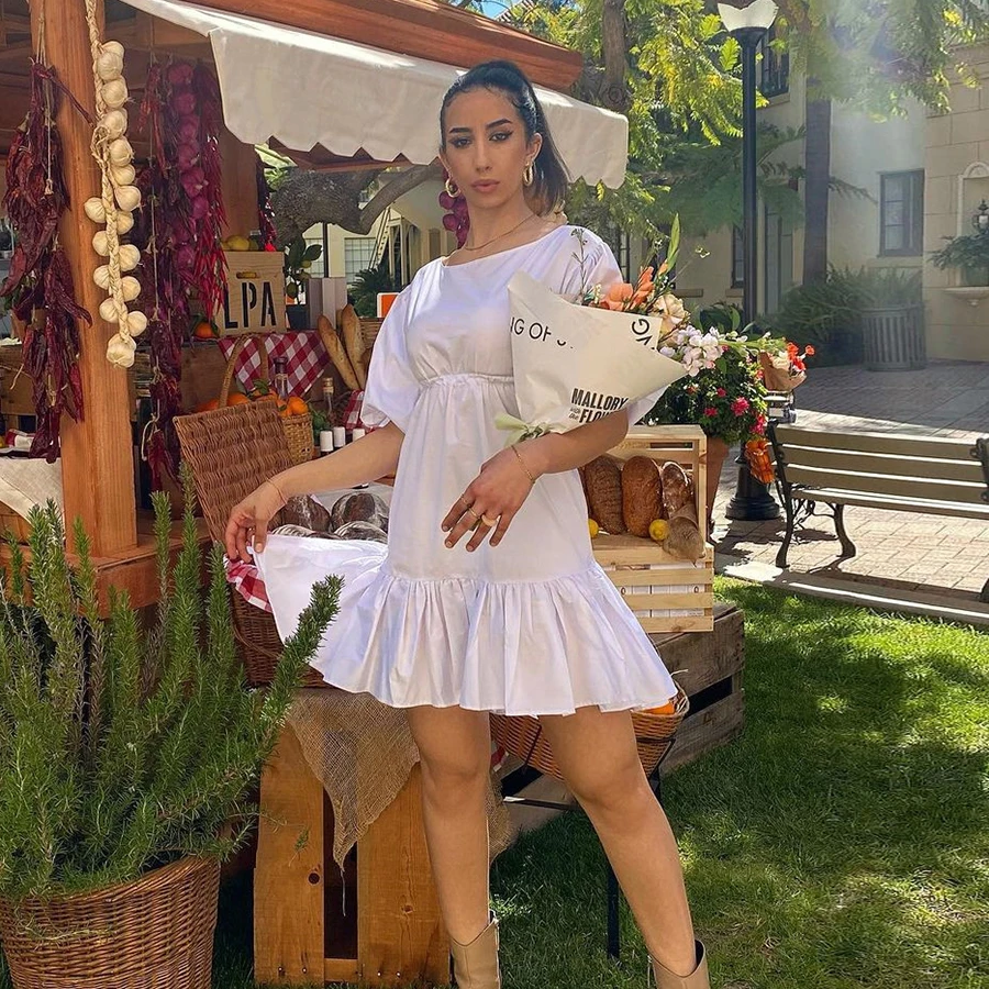 

Nibber K21D01658 Elegant V-neck Polka Dot Ladies Dress Lantern Sleeve 2021 High Waist Women's Streetwear Knee Length Dress