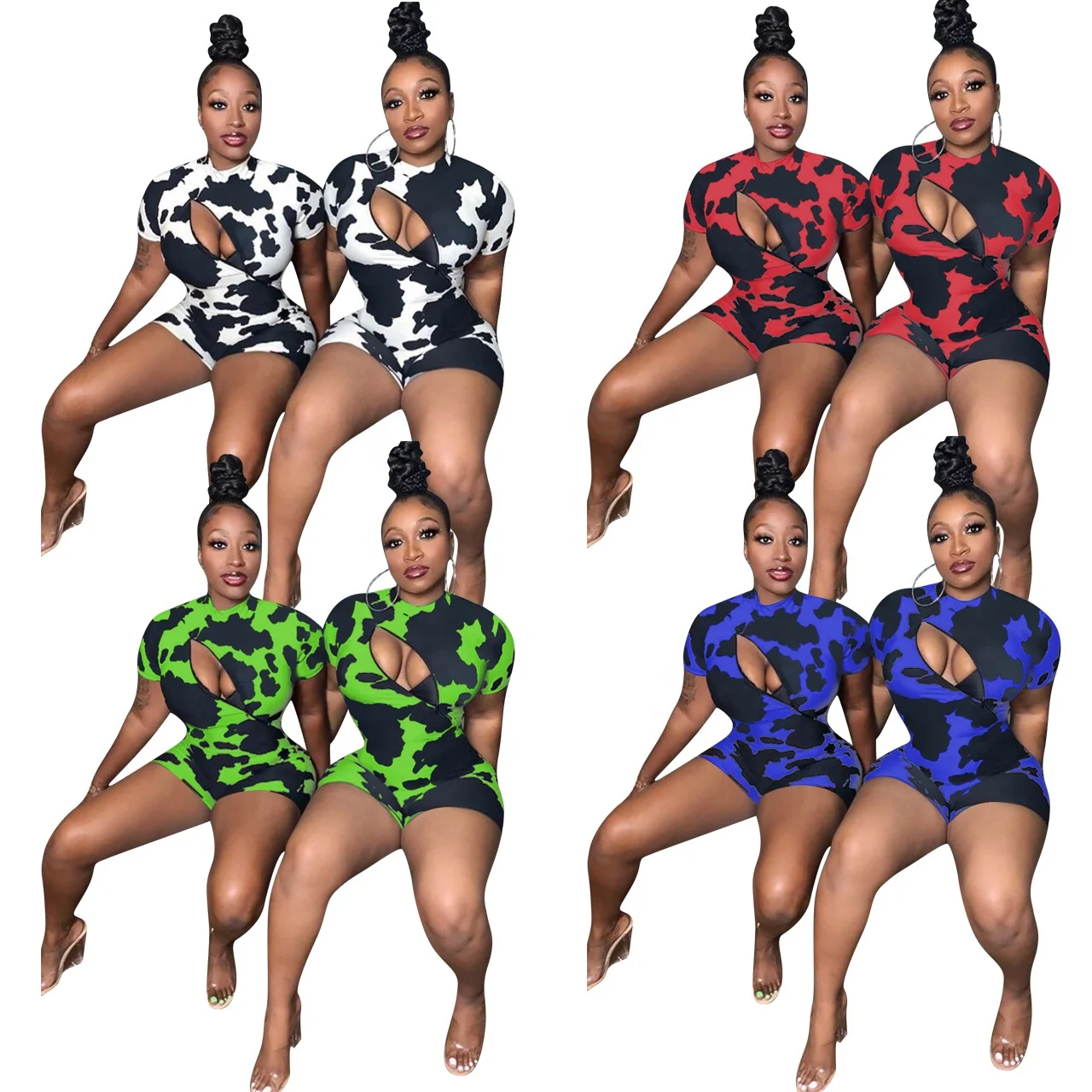 

MT82-8225 Zipper casual fashion printed short sleeve jumpsuit women