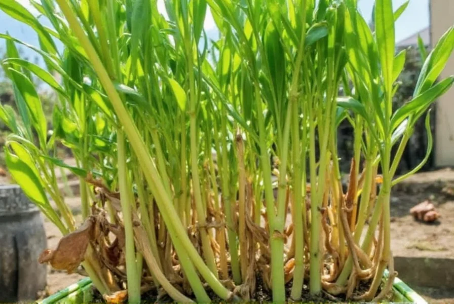 Healthy ginger plant showing proper leaf growth, soil conditions, and container setup for optimal growth