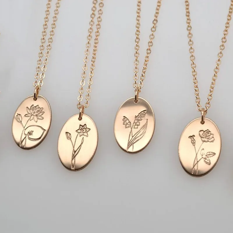 

elegant month floral necklace custom gold plated 925 sterling silver oval shape birth flower necklace