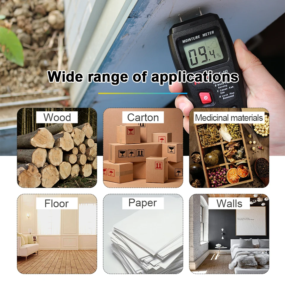 
R&D MT-10 EMT01 Wood Moisture Meter Wood Humidity Tester Hygrometer Timber Damp Detector Tree Density tester ABCD groups Black 