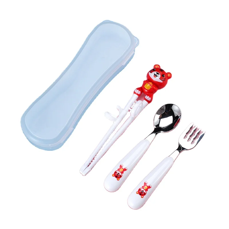 Portable Cute Cat Children Learning Plastic Chopsticks Spoon Fork Chopstick Set for Kids
