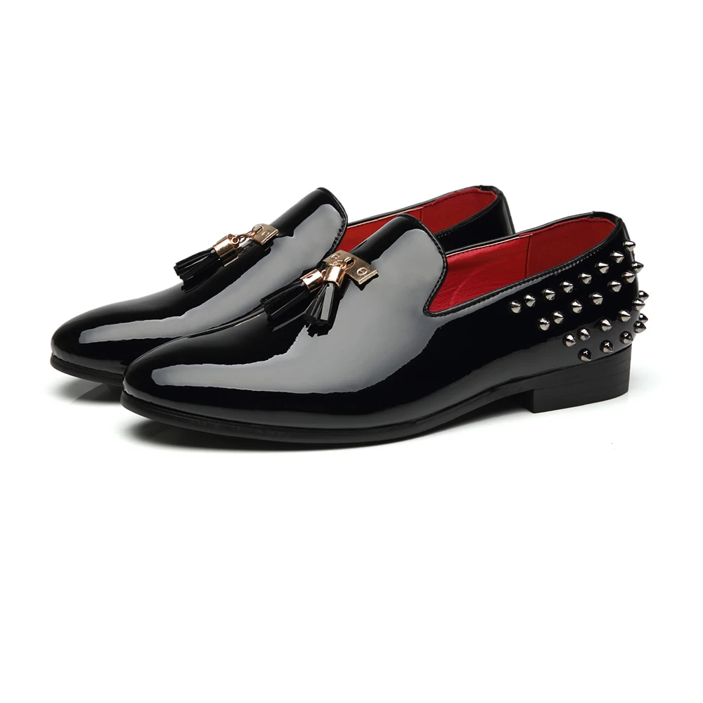 

37-48 Big Size Men Women Black Mirror Tassel Loafers Rivet Causal Loafers Shoe 3302