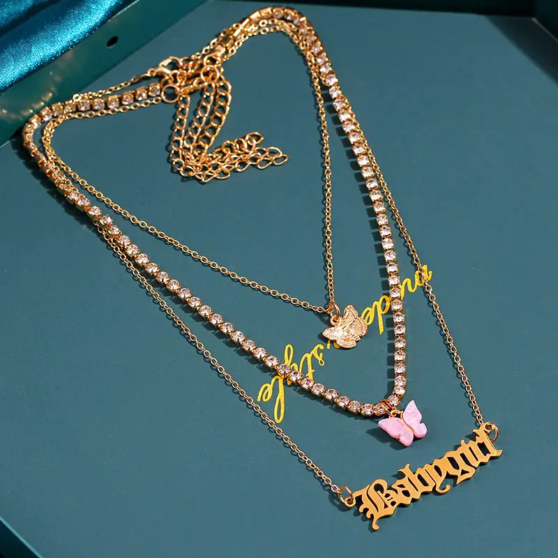 

2020 Fashion Charm Party Jewelry Bling Ice Out Tennis Chain Multilayer Crystal Butterfly Letter Pendant Necklace, Gold