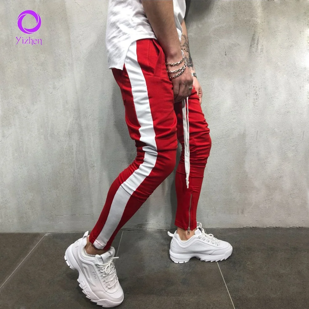 

Street style men polyester track pants elastic waistband side tape wind pants striped joggers
