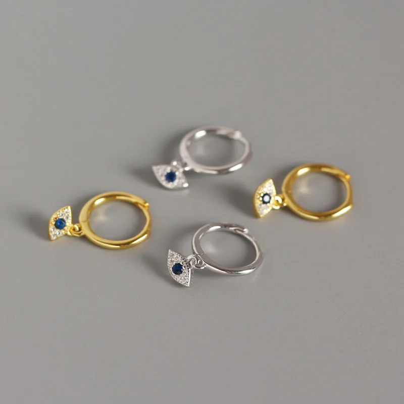 

Latest Antique Gold Plating S925 Cubic Zircon Eyes Huggie Hoop Earrings 925 Sterling Silver Blue CZ Eyes Earrings