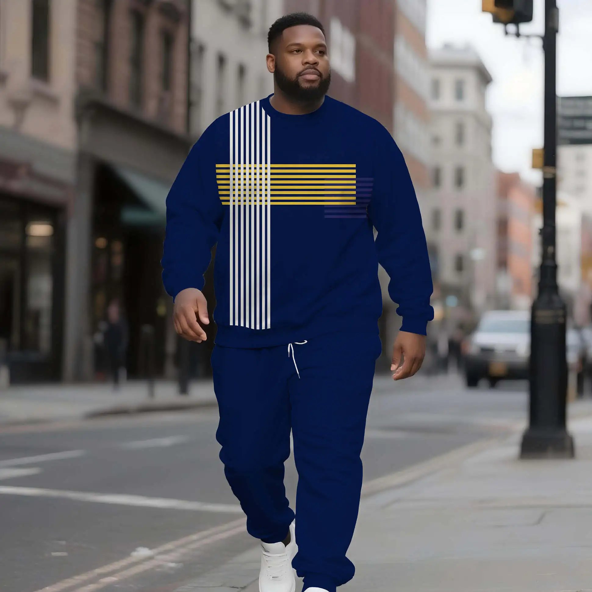 Casual Trendy Men's Crew Neck Sweatshirt Set Low Price Wholesale Striped Color Block Design
