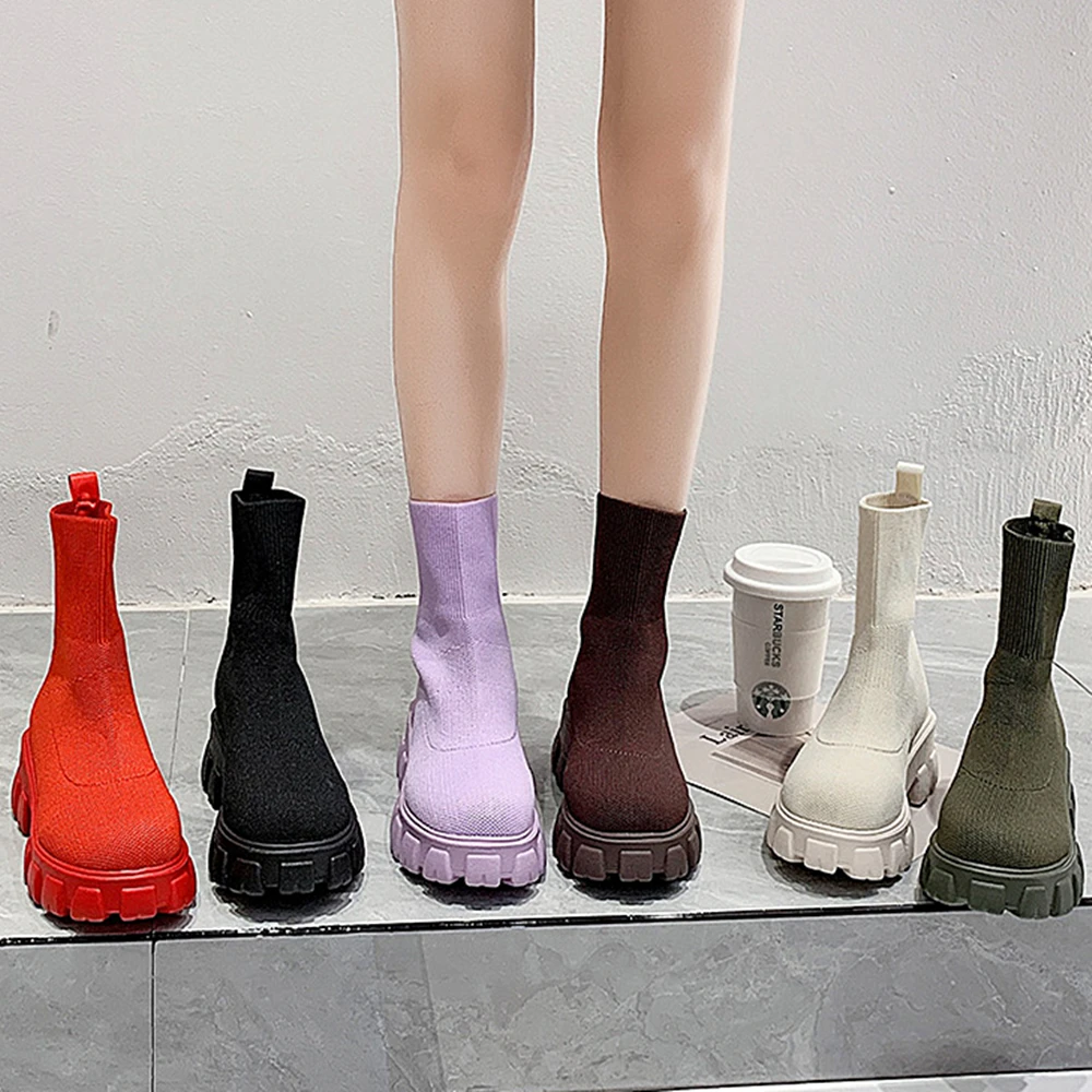 

2021 Women Western Height Increasing Ankle Boots Fashion Female Booties Platform Knitted Ladies Autumn Socks Boots, Picture shows