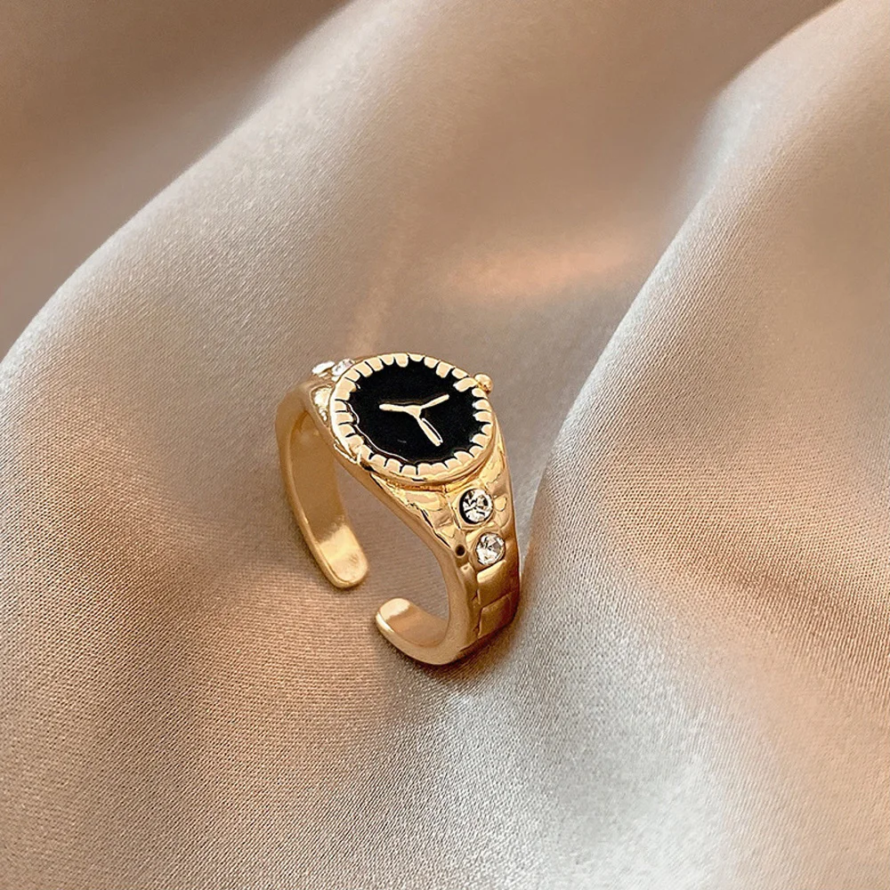 

Minimalist Women Open Adjustable Rings Luxury Watch Design Rhinestone Gold Plated Rings Decorative Jewelry