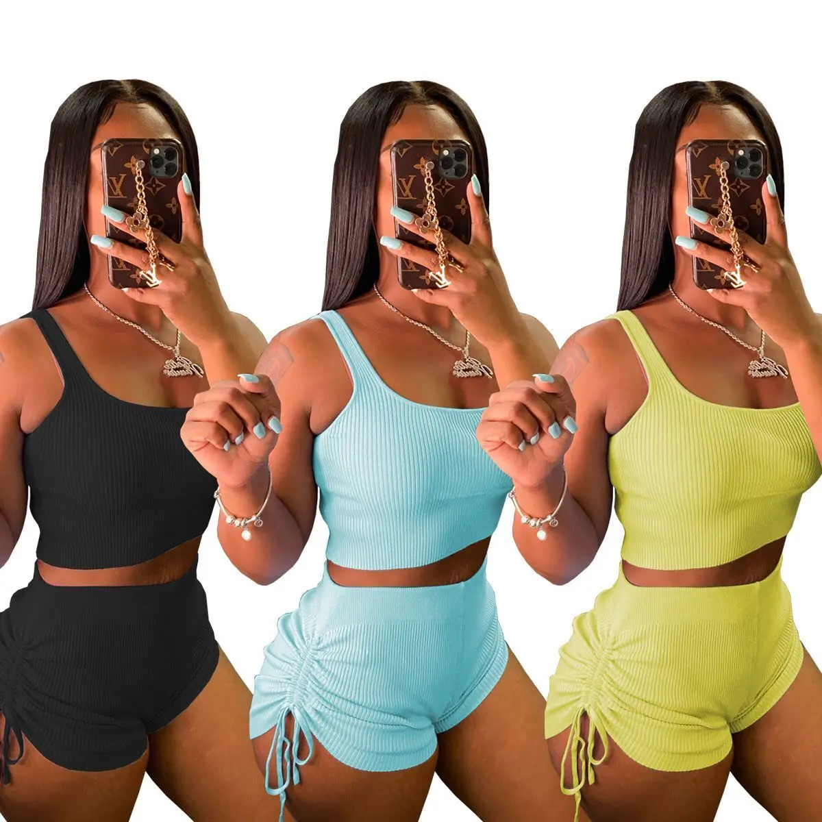 

New Arrival 2021 Ribbed Conjuntos De Verano Para Mujer 2 Piece Set Women Clothing Womens Two Piece Set, White yellow red black light blue dark blue or customized