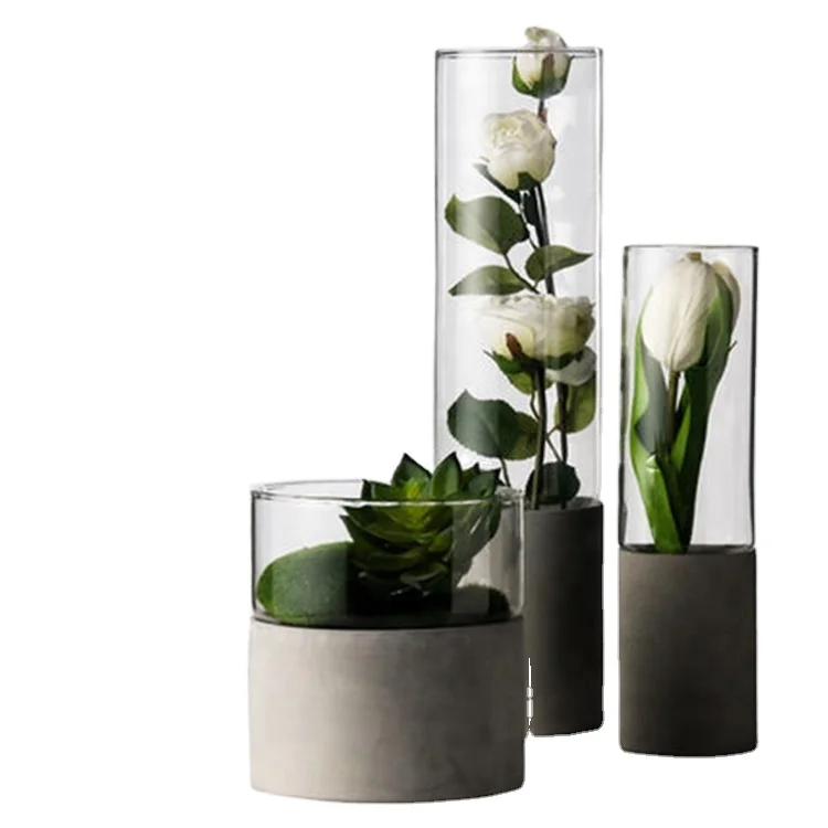 

New art design customized size hand made cylinder cement glass vase with wood base for wedding home party decoration, Customer request