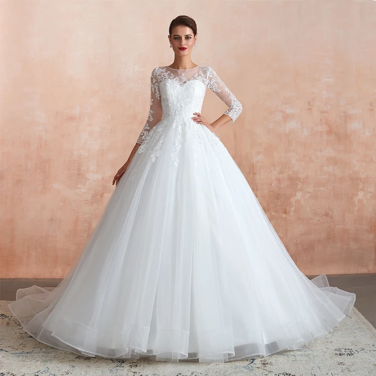 

2021 Elegant Women Wedding Dress Marriage Bridal Lace Bridal Puffy Ball Gown Long Sleeves, As image