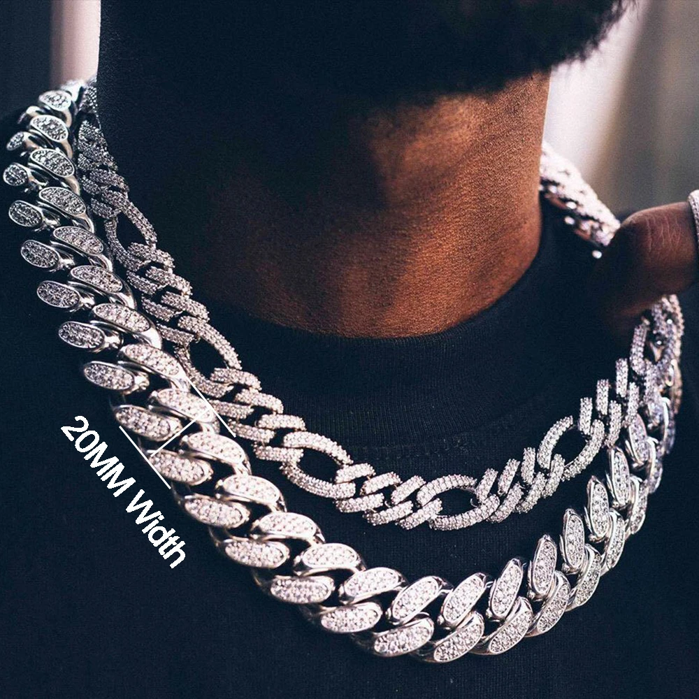 

Hip Hop 20MM Width Heavy Cuban Link Chain Necklace Luxury Iced Out Crystal Thick Cuban Chains For Men Choker, Gold silver plated