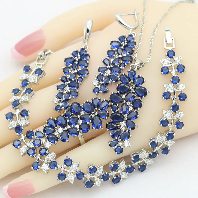 

Blue Stones White Gold Women Jewelry Sets Bracelet Earrings Necklace Pendant Ring Gift 2021 New Design