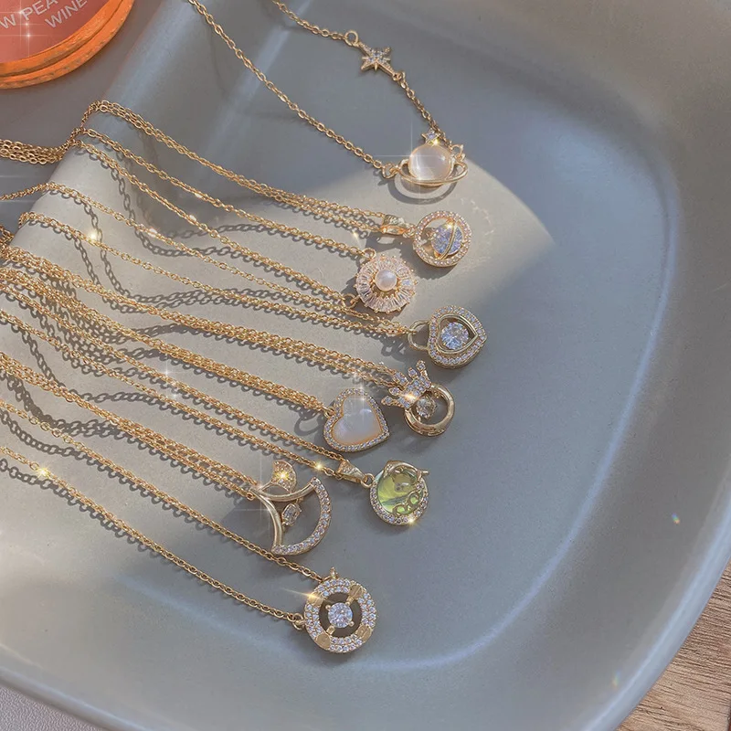 

Healing Stone Pendant Clavicle Chain Fashion Rhinestones Choker Titanium Steel Gold Plated Necklace Jewelry