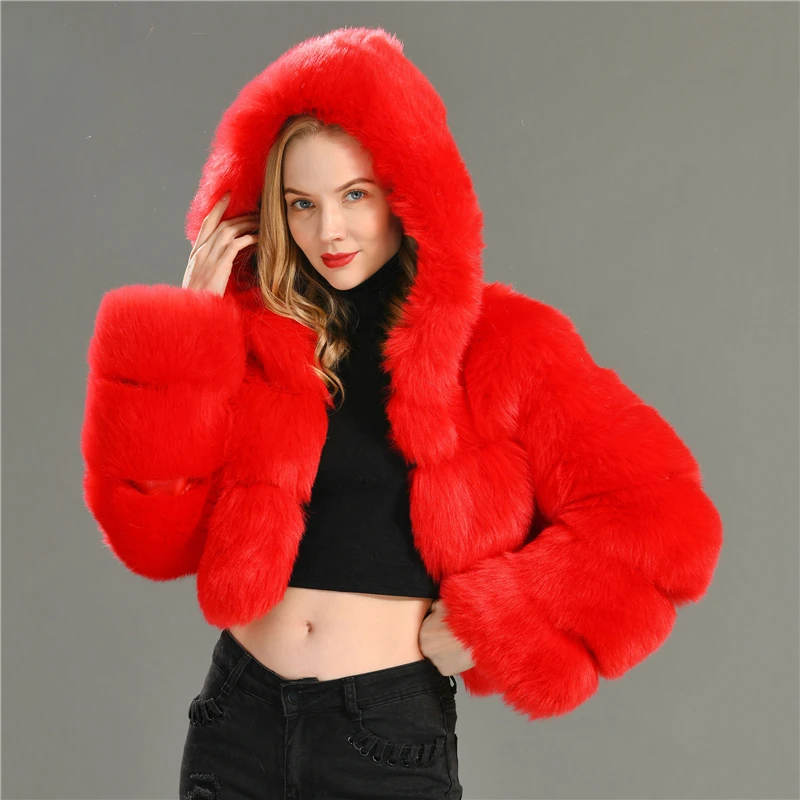 

Factory Wholesale Lady Artificial Fur Jacket Coat Outwear High Street Hooded Cheap Fake Fox Fur Coat Winter Women Faux Fur Coat