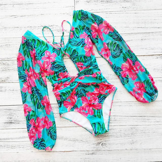 

Vintage One Piece Swimsuit Female 2021 Long Sleeve Swimwear Women Plus Size Bathing Suit Print Bandage Summer Bathers Monokini