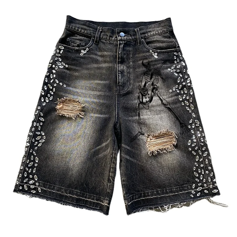 OEM Streetwear Custom Cut Edge Denim Shorts Crystal Rhinestone logo Raw Hem Jorts Distressed Acid Wash Jean Shorts Men