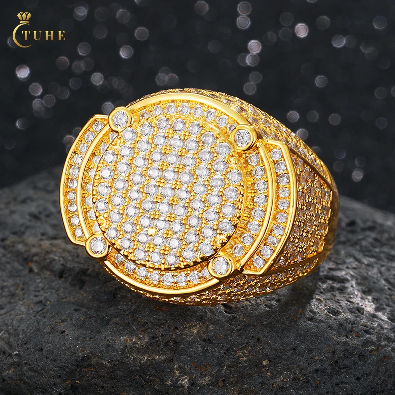 

New Arrival Rapper Men's 14K 18K Gold Plated Copper Prong Set Zircon Iced Out Hip Hop Championship Ring