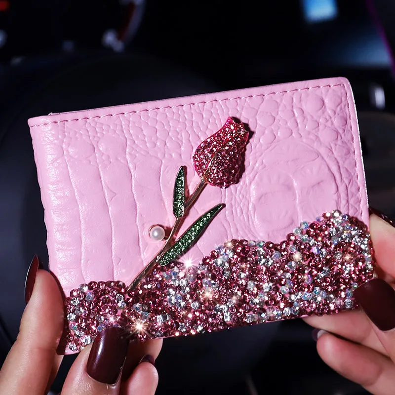 

Car driver's license leather cover with Diamond Rose