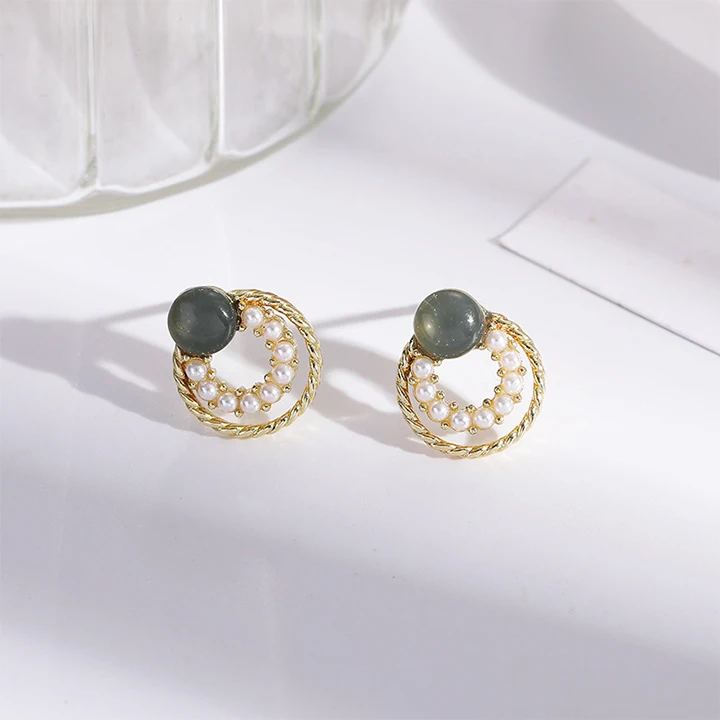 

Hot Sale S925 Silver Earrings Green Opal Earrings Pearl Round Earrings for Women, Picture shows