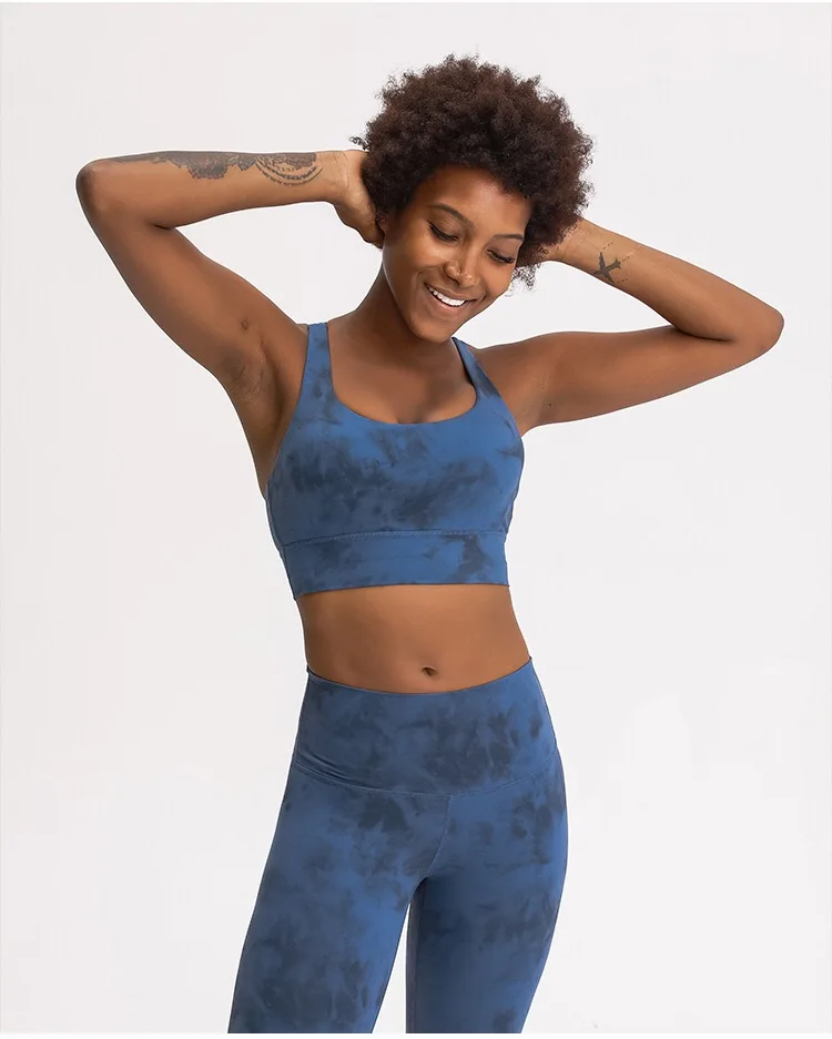 

BBDQ2068 Spot hot sale inlay dye sexy fitness underwear blue print sports bra women quick drying yoga bra