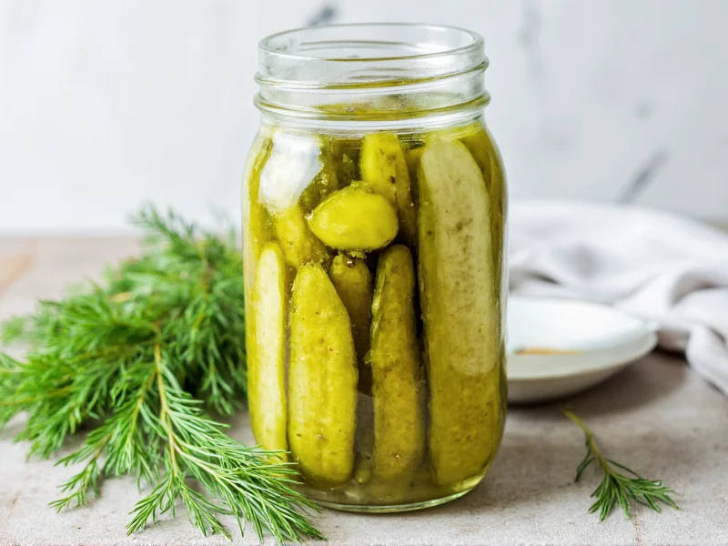 Crisp homemade dill pickles in mason jar with fresh dill