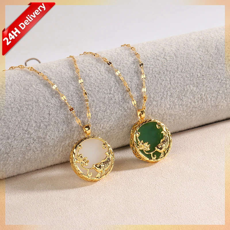 

HOVANCI Vintage Gold Plated Green Gemstone Lucky Fish Pendant Necklace 8 Stainless Steel Koi Fish Jade Necklace For Women Girls