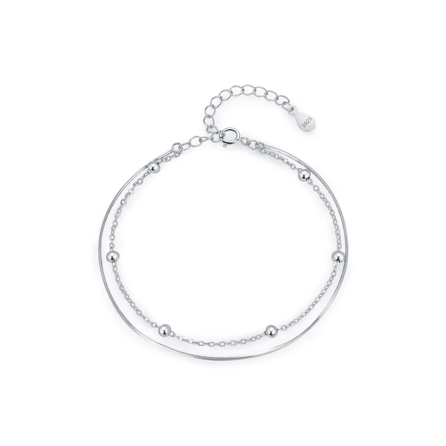 New Arrival Simple Women'S Jewelry 925 Sterling Silver Rhodium Plated Double Layer Stackable Beads Snake Bone Bracelet for Women