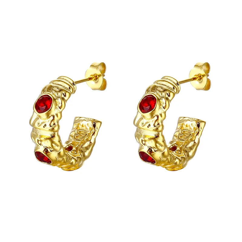 

High End Latest Waterproof Jewelry Earring with Red Zircon 18K Gold PVD Plating Earrings 2022