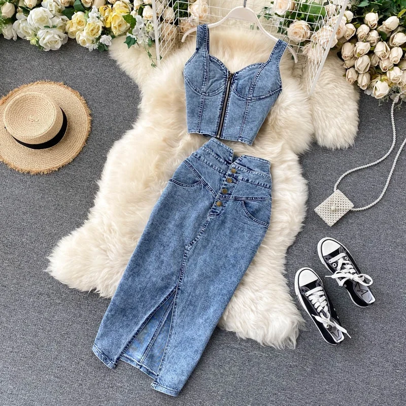 

New Style Fashion Short Denim Halter And Waist Denim Zipper Skirt
