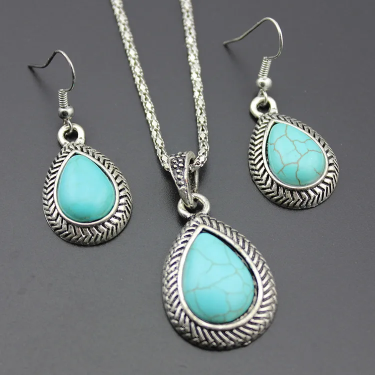 

Hot selling turquoise jewelry set Turquoise stone necklace and earrings set Geometric teardrop pendant necklace SD008, As photo