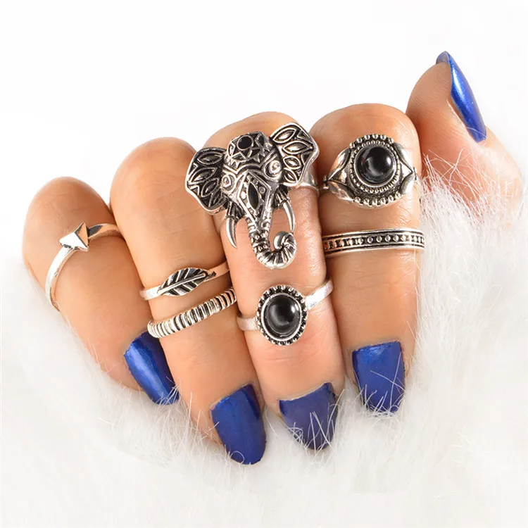 

2020 Hot Sales Vintage Ring Sets Bohemian Black Eyes Elephant Rings For Women, Picture