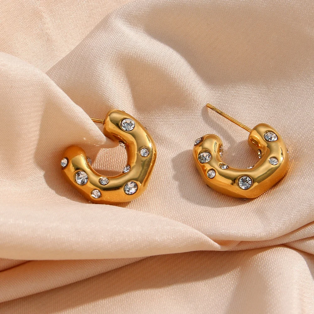 Drop Ship Non Tarnish Gold Plated Chunky C Shaped Zircon Hoop Earring Hypoallergenic Stainless Steel Hoop Earrings