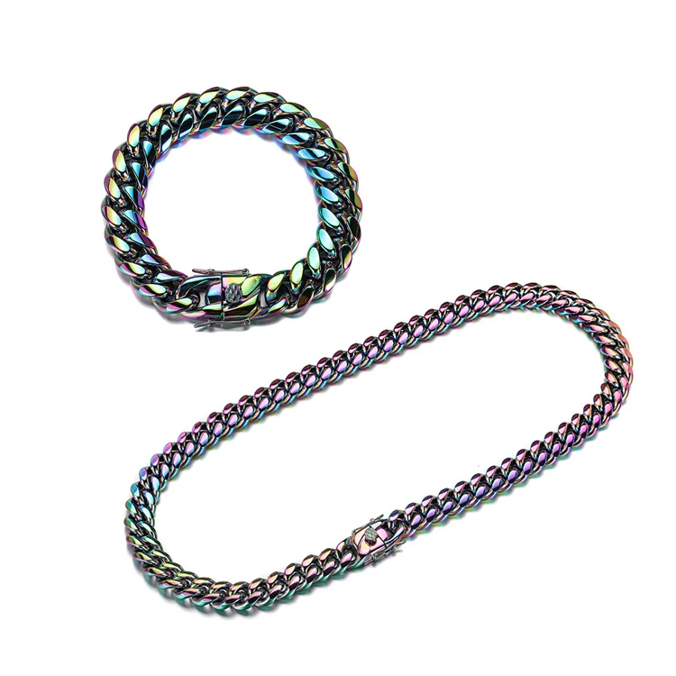 

HipHop men and women's multicolor hardened titanium steel Cuban necklace colorful colorful HipHop disco Cuban chain bracelet