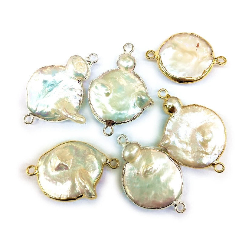 

Wholesale natural fresh water pearl pearl gemstone bracelet coin connector charms design pendants beads for jewelry making, White pearl