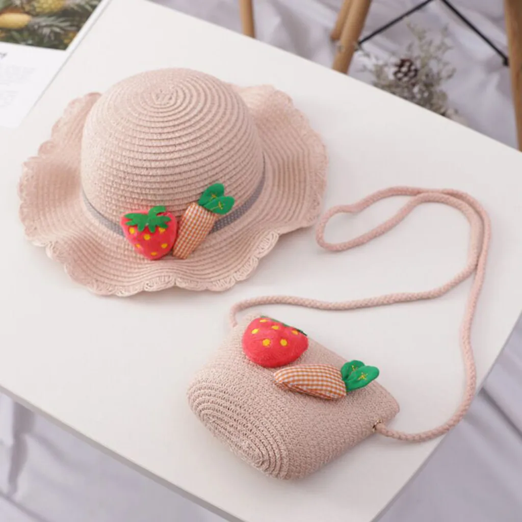 

2020 Fashionable 2 Pc Set Straw Hat Handbag Cute Cartoon Mini Purse for Girls Bohemia Beach Kid Bag