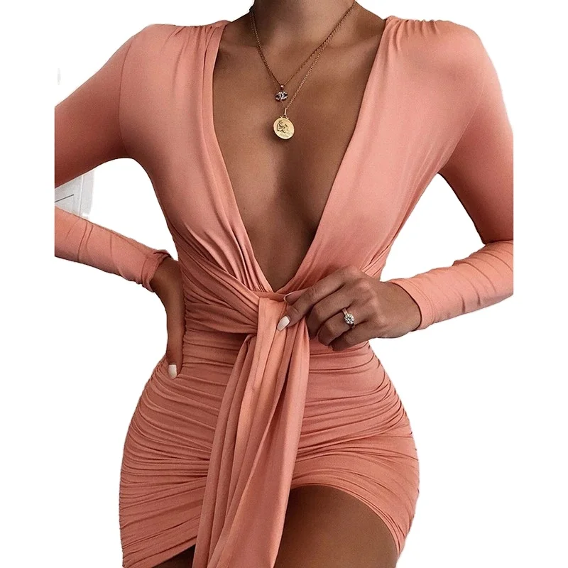 

Articat Elegant Deep V-Neck Sexy Autumn Party Dress Casual Pleated Bodycon Dress, Pink