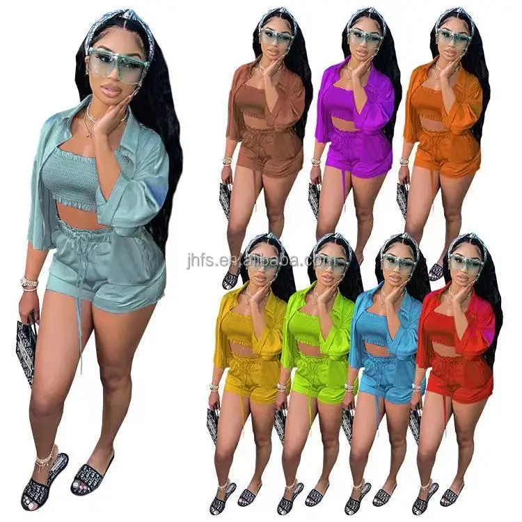 

J&H fashion 3 piece shorts set women satin tube top shirts fall 2021 clothes solid color, 8 color as picture