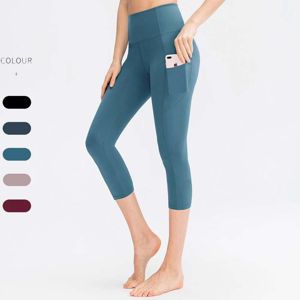 Custom logo Workout Tight High Waist Soft Yoga Pants Gym Fitness Women 3/4 Capri Yoga Leggings With Pockets