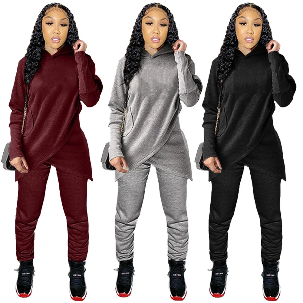 

Fashion women's new long-sleeved irregular hooded two-piece suit